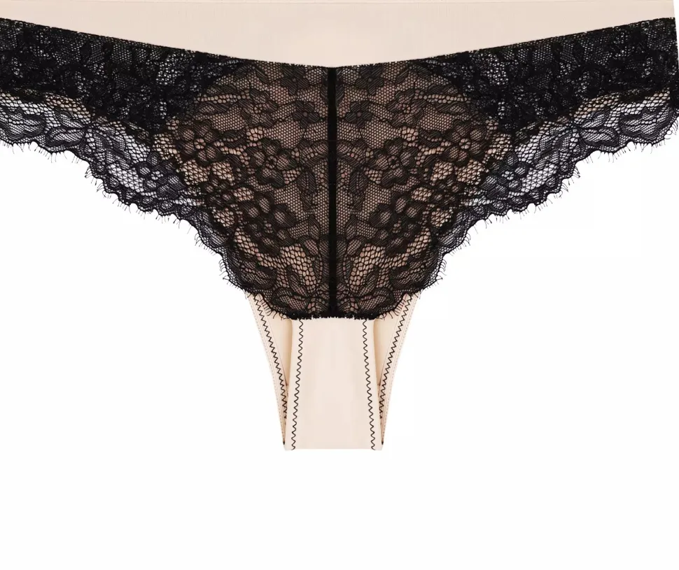 Damen-Brazilian-Höschen, beige mit schwarzer Spitze