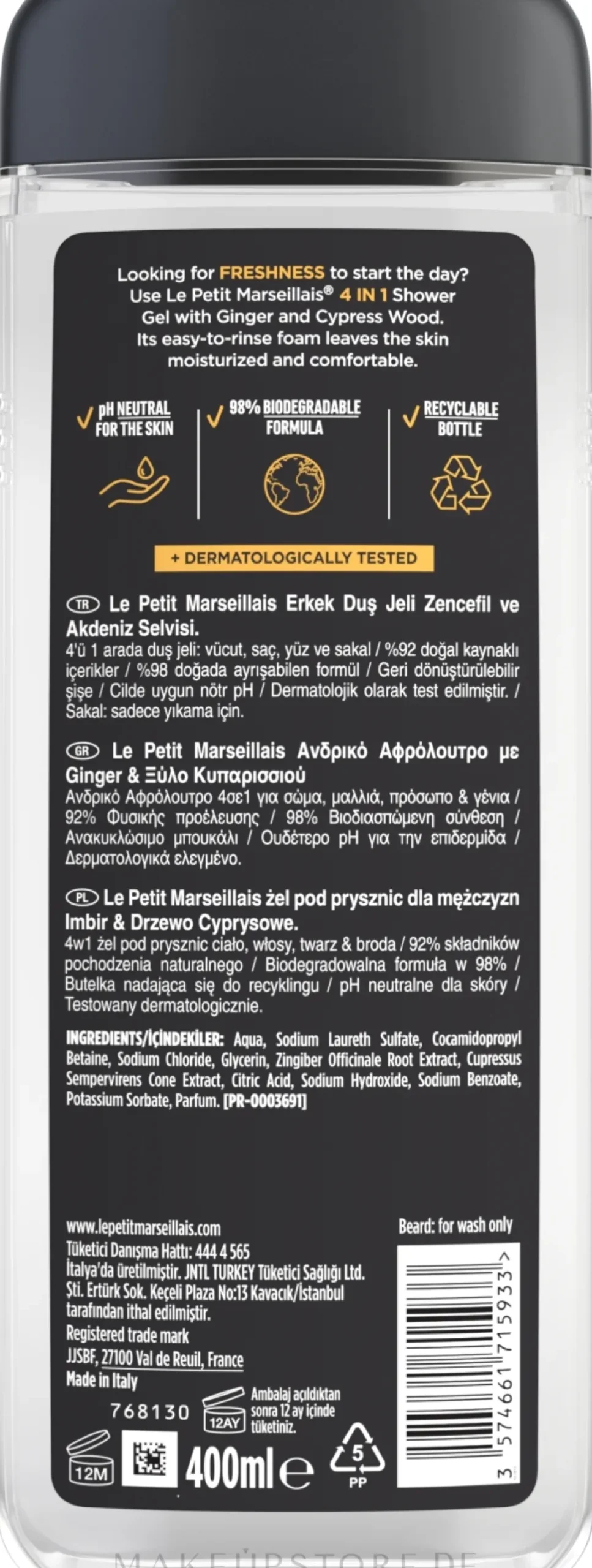 Duschgel und Shampoo für Männer mit Ingwer und Zypresse