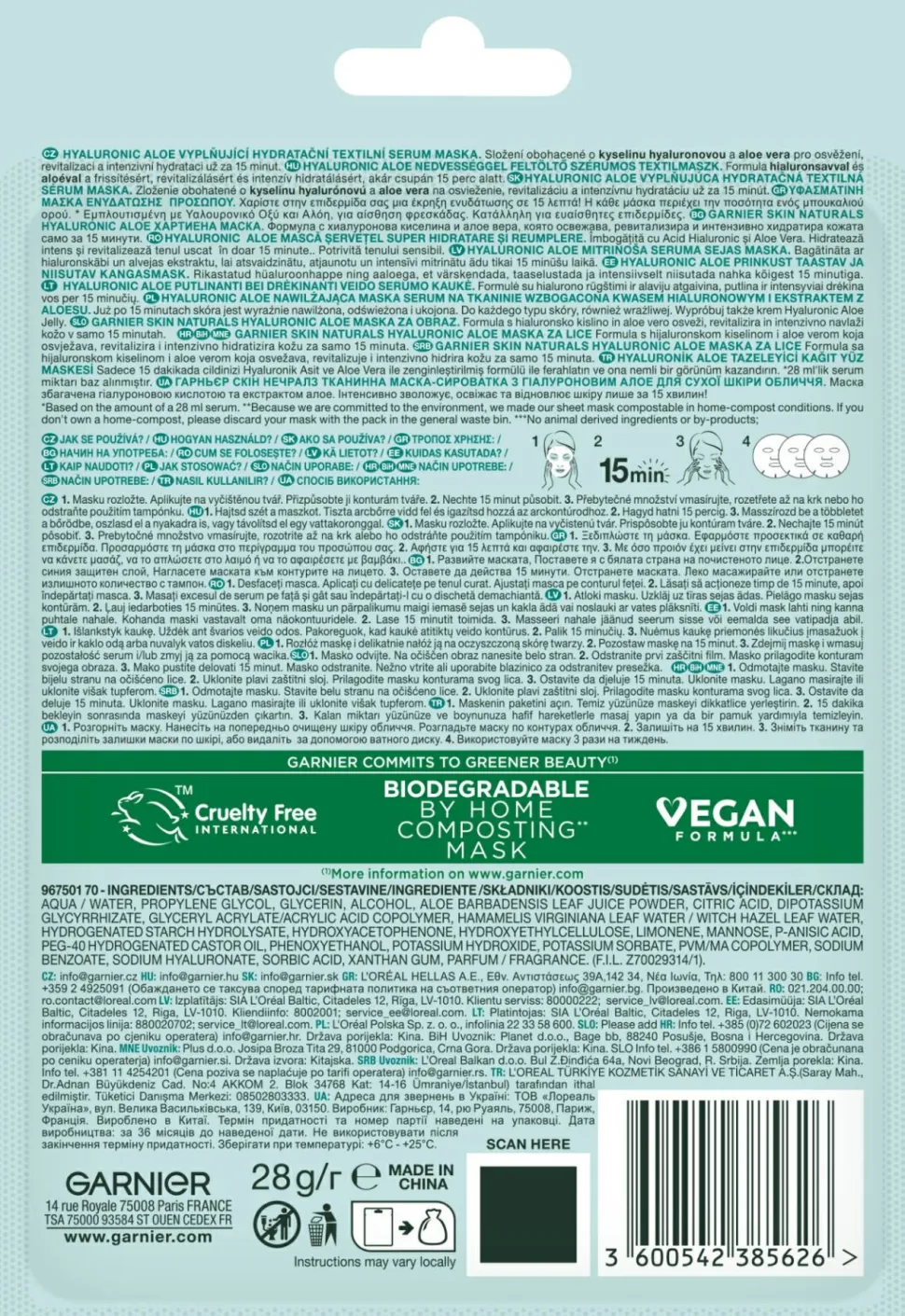 Feuchtigkeitsspendende und revitalisierende Tuchmaske mit Aloe und Hyaluronsäure