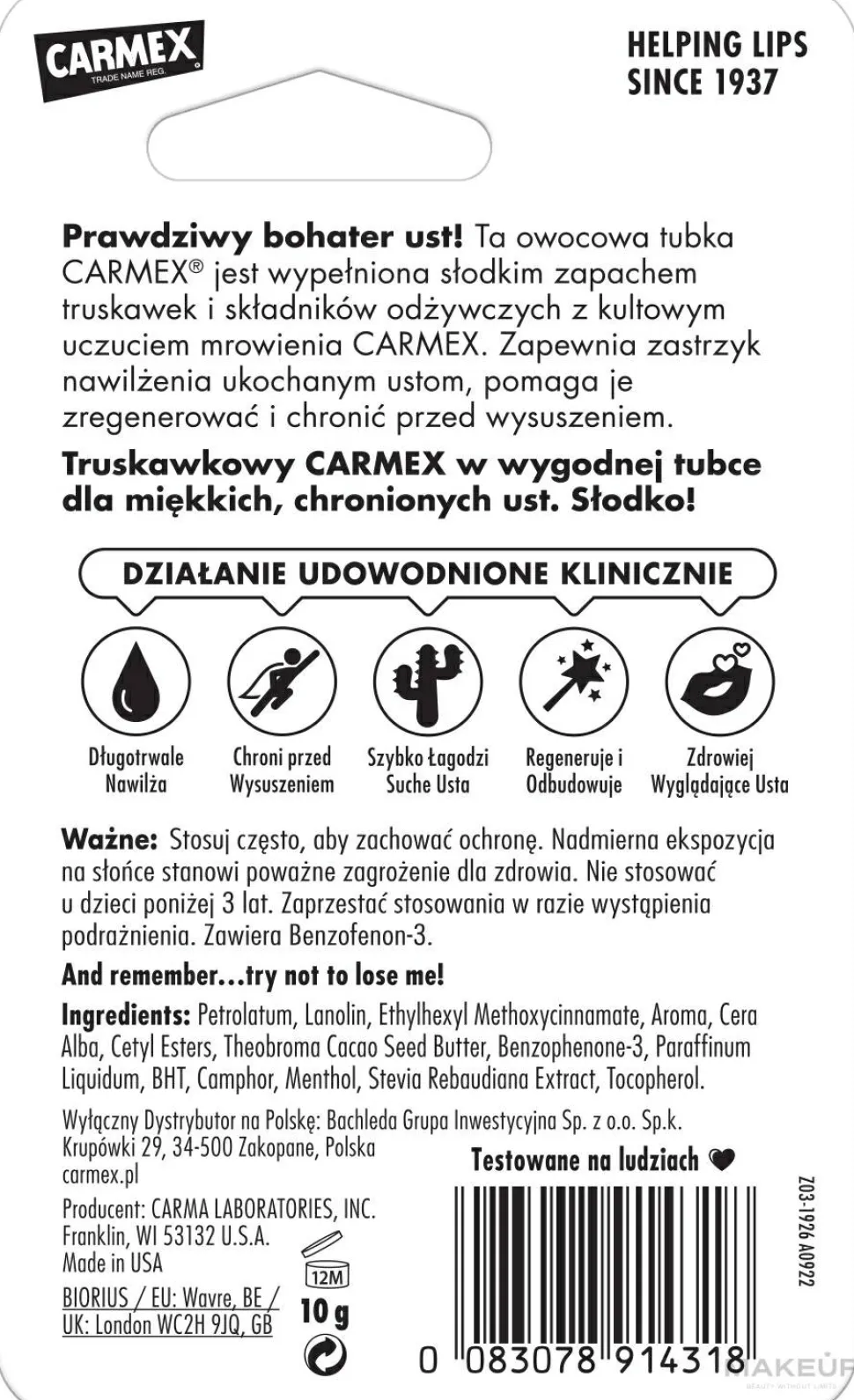 Feuchtigkeitsspendender Lippenbalsam für trockene und rissige Lippen mit Erdbeergeschmack SPF 15