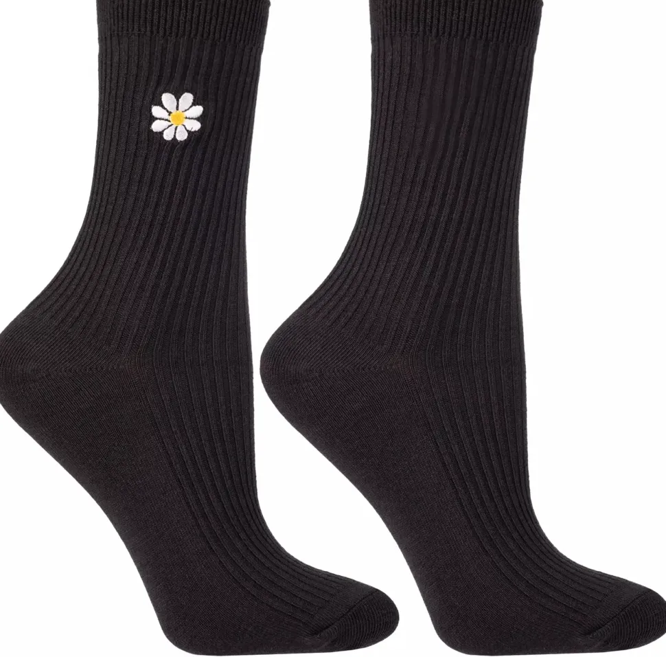 Lange Damensocken mit Gänseblümchenstickerei, CSL250-149, schwarz