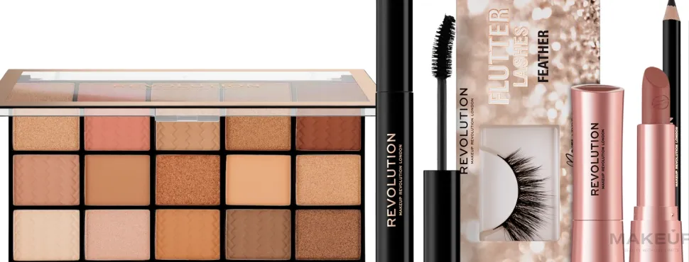 Makeup Revolution Get The Look: Nude Glam (eye/pencil/1.15g + lipstick/3.5g + lipliner/1.15g + eyeshadow/15x1.1g + mascara/8g + false/eyelashes/2pcs)