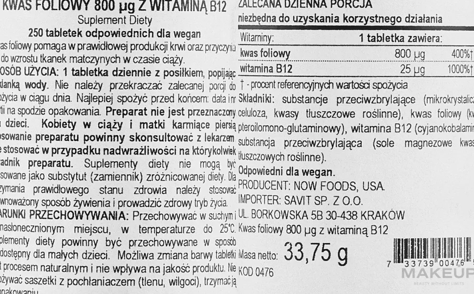Nahrungsergänzungsmittel Folsäure 800 µg und Vitamin B12