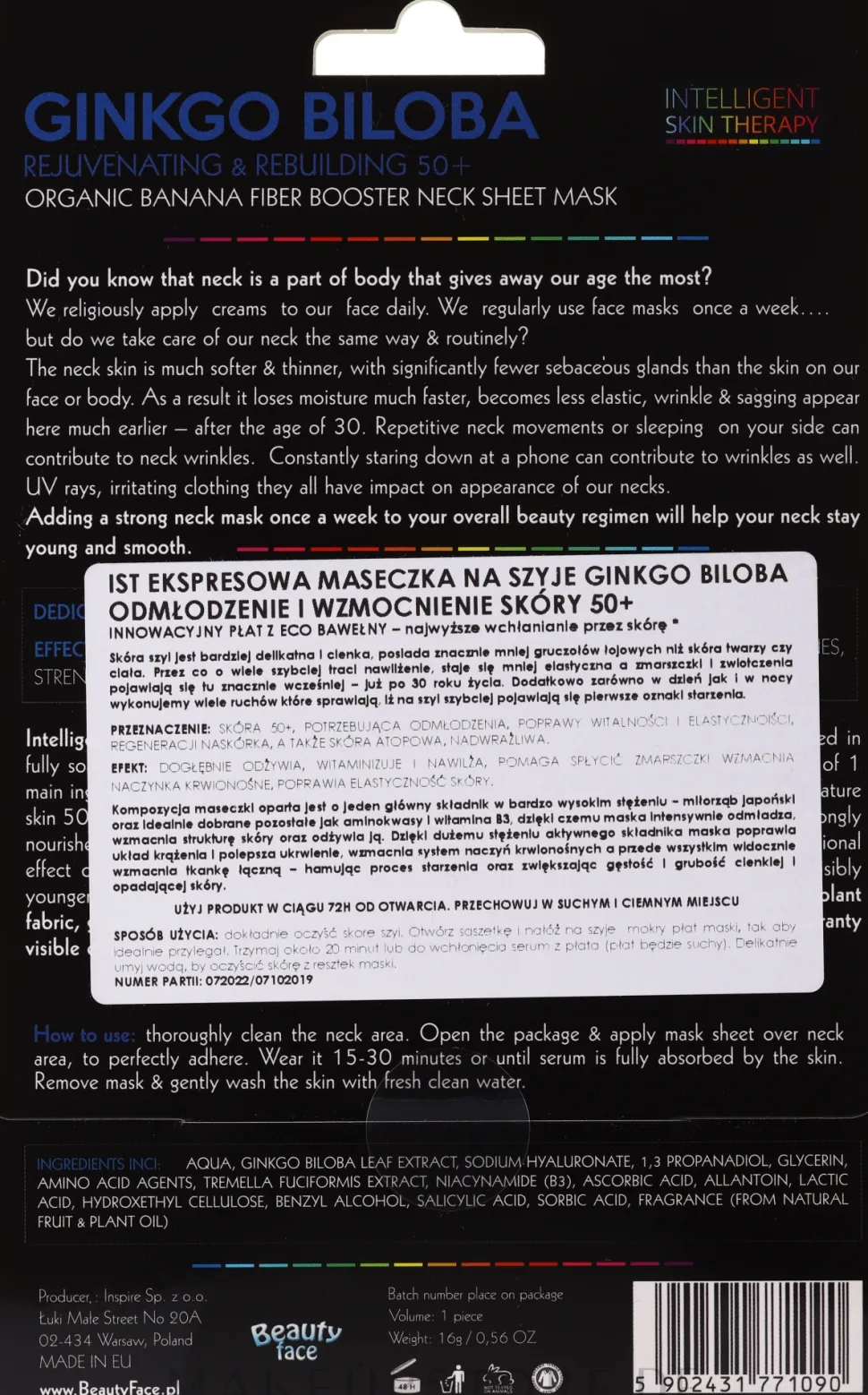 Verjüngende und regenerierende Tuchmaske für den Hals mit Gingko Biloba-Extrakt 50+