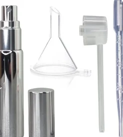 Zerstäuber für Parfüm mit Pipette und Trichter, 10 ml, silber
